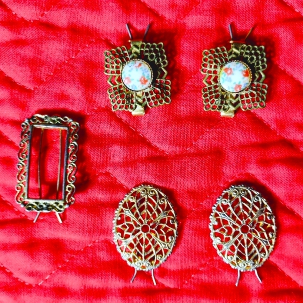 (5) Vintage Antique Gold Tone Metal Barrettes Hair Clips Pins​​​